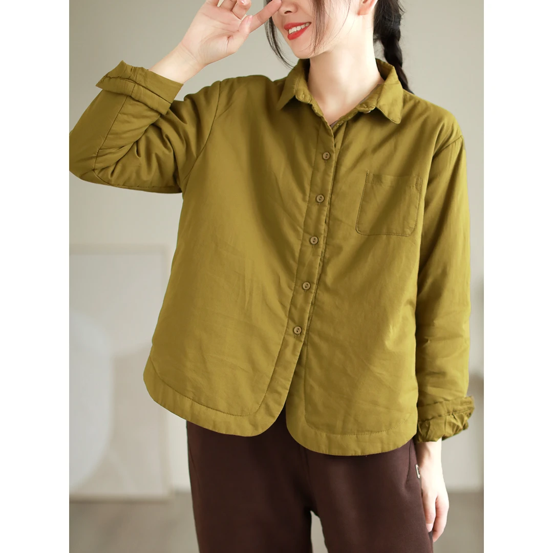 文艺复古秋冬新款全棉长袖衬衫女宽松百搭短款保暖夹棉棉服外套