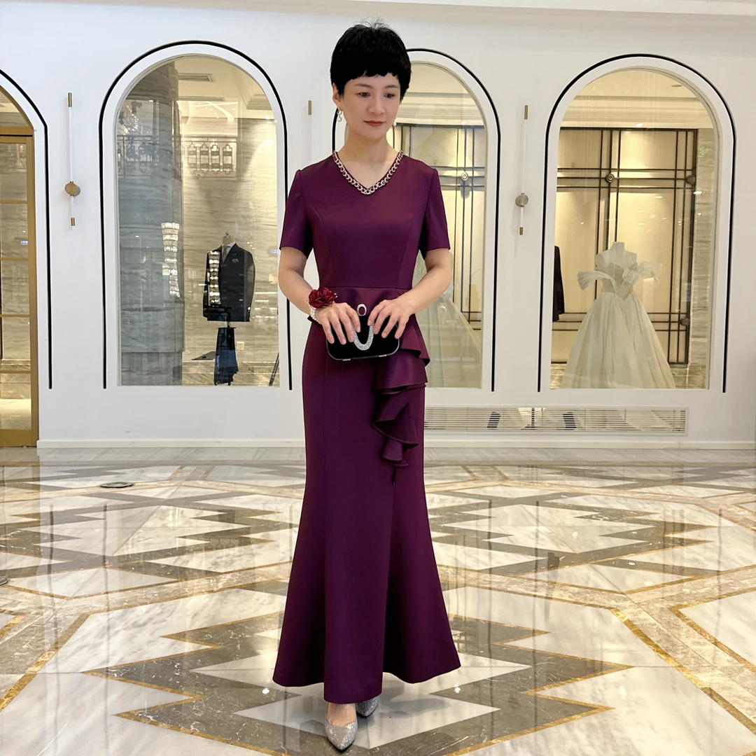 1419鱼尾喜庆修身春夏酒席高贵宴会高端气质短袖喜妈妈晚礼服