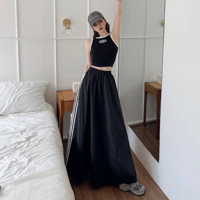 One-LG美式辣妹小众撞色印花背心设计感三条杠抽绳黑色伞裙两件套