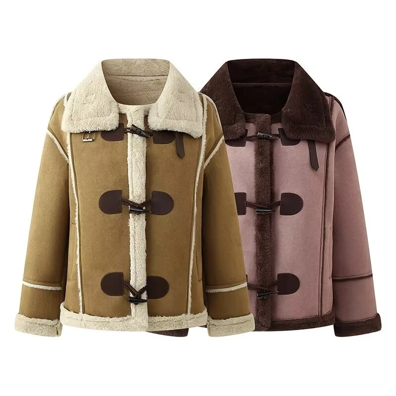 冬季加厚保暖女士外套皮毛一体翻领短款韩版上衣拼接