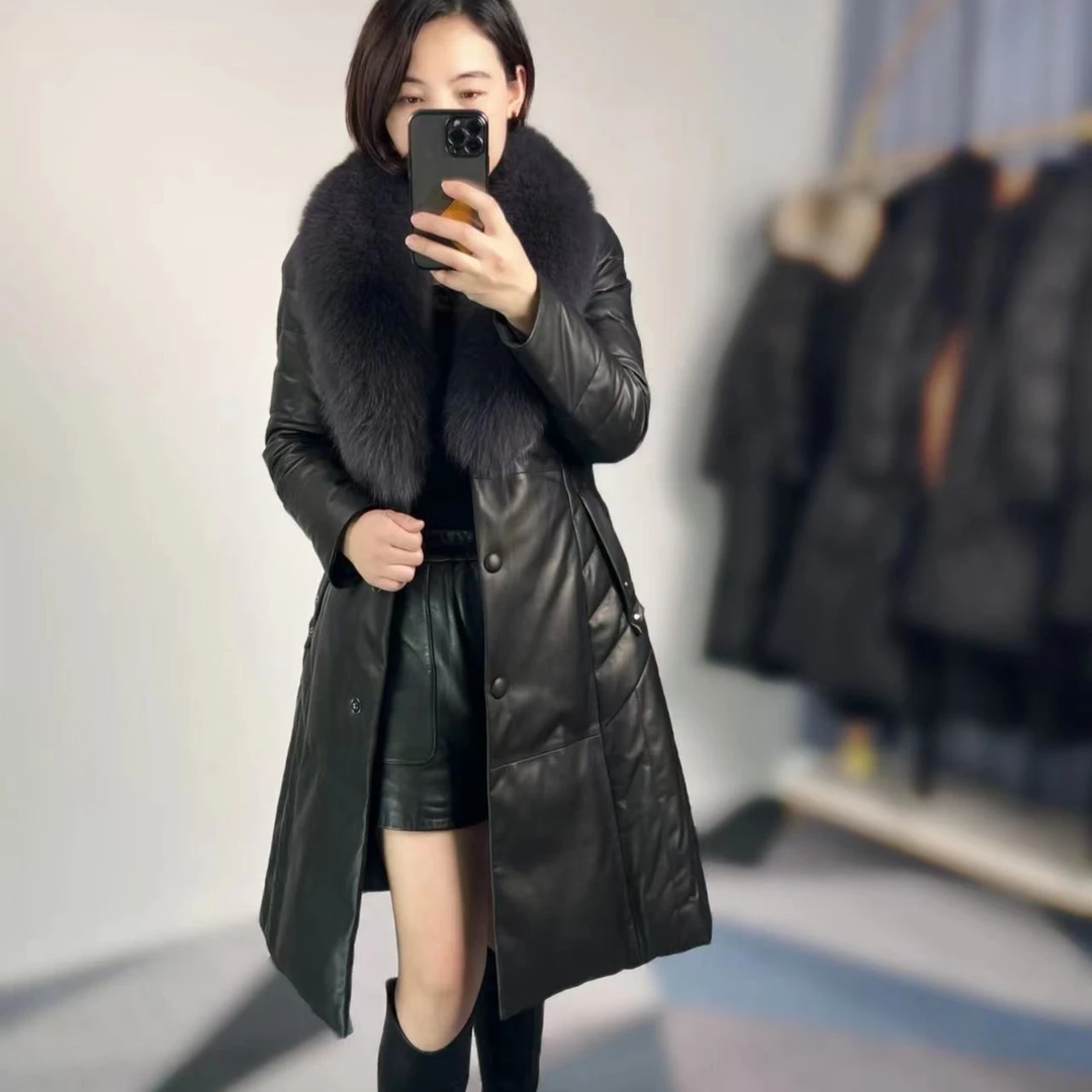 真皮羽绒服女中长款保暖修身狐狸毛领冬季新款海宁绵羊皮皮衣外套