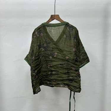 夏季纯苎麻复古气质国风斜襟短袖百搭花色上衣套头衫