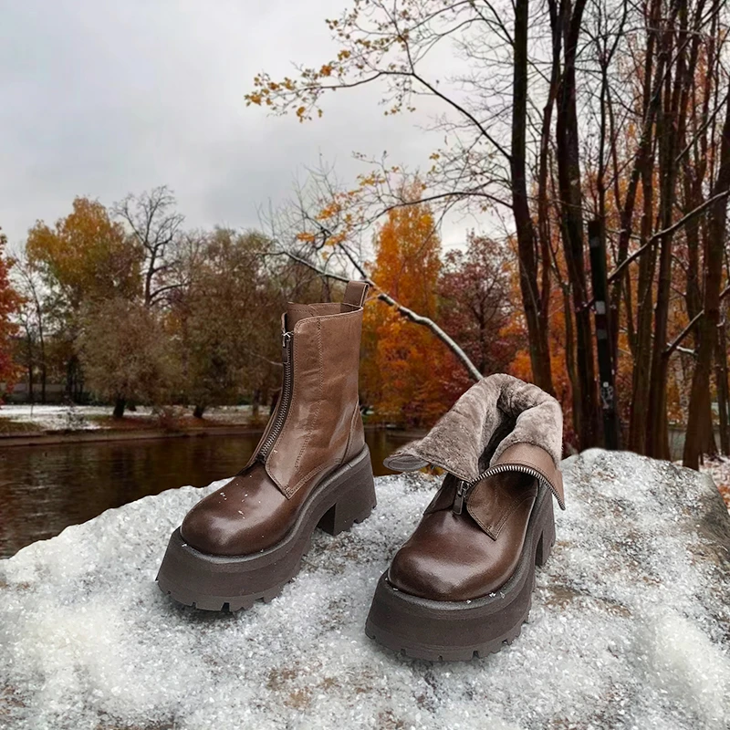 【卢小夜】马丁靴女水洗马皮保暖羊皮毛一体前拉链厚底防滑雪地靴