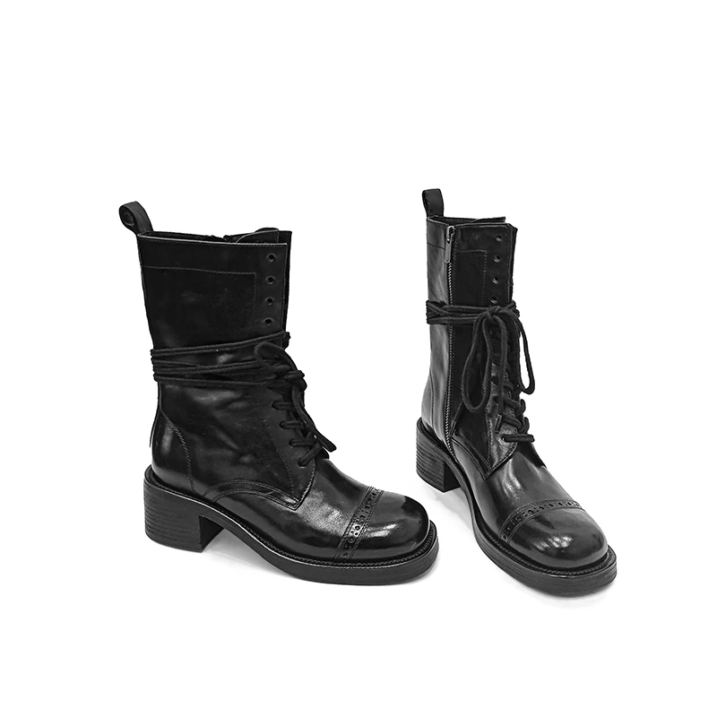 【舒舒】短靴女水洗马皮黑色复古英伦机车圆头系带中跟马丁靴