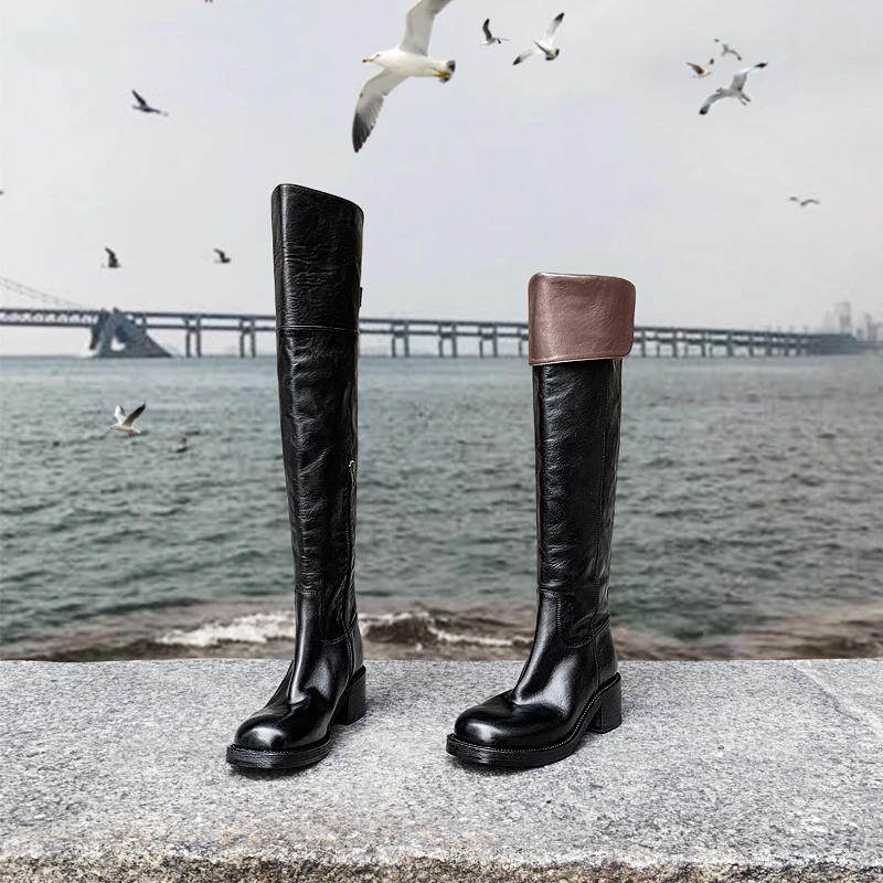 【卢小夜】靴子女水洗马皮复古方头粗跟高筒长靴过膝不掉筒骑士靴女