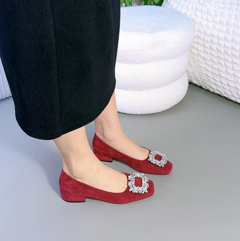 2025春季新款方头水钻方扣真皮粗跟鞋浅口平底百搭软底女单鞋