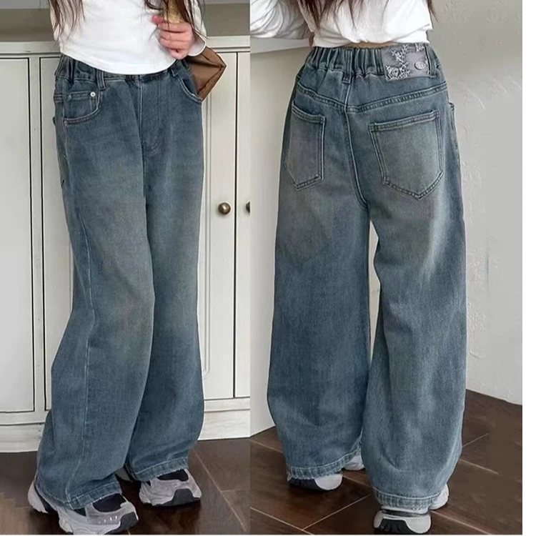 BORAHANKIDS梅花弄牛仔裤2024秋冬儿童直筒休闲裤中大童洋气裤子