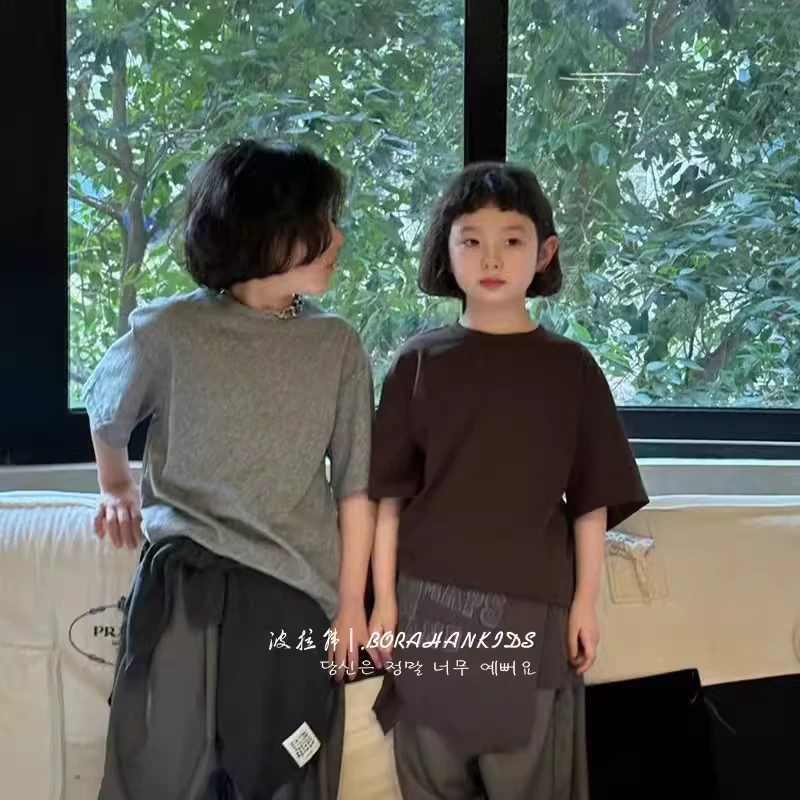 BORAHANKIDS圆领纯色短袖2024夏季儿童圆领T恤中大童宽松上衣