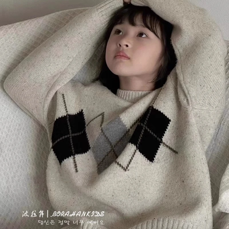 BORAHANKIDS菱格毛衣2024春秋儿童针织衫中大童毛衣中大童