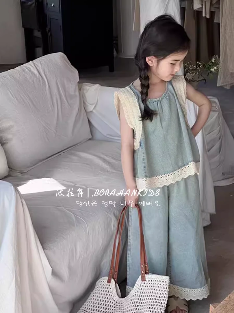 BORAHANKIDS薄荷蕾丝边牛仔背心阔腿裤两件套2024夏儿童洋气套装