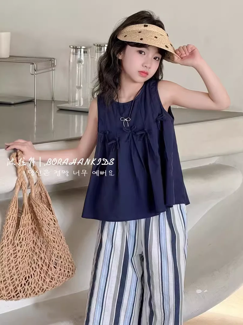 BORAHANKIDS雾城蓝-两件套2024夏无袖上衣中大童直筒裤两件套
