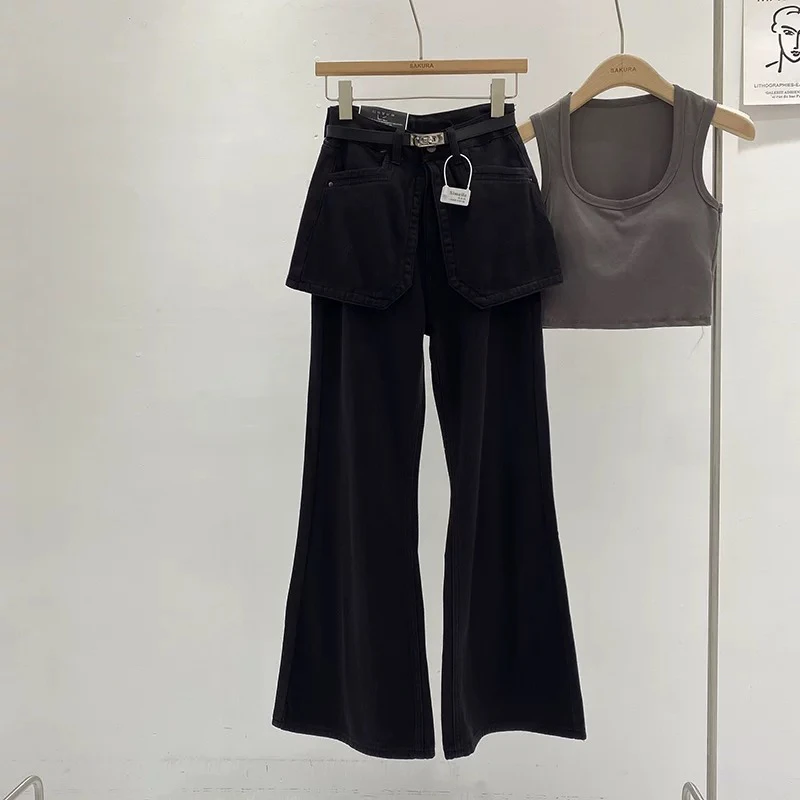 CM秋季新款韩版设计感拼接假两件裤裙女修身显瘦百搭复古牛仔裤潮