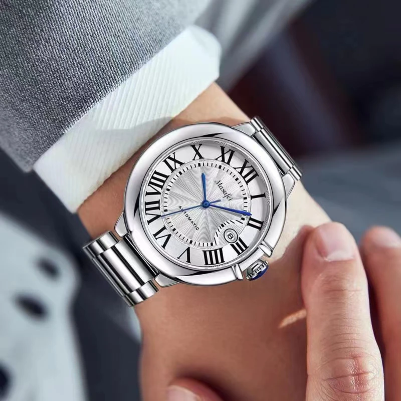 Masafei/玛莎菲精钢时尚高级蓝罗马刻度男士钢带日历腕表