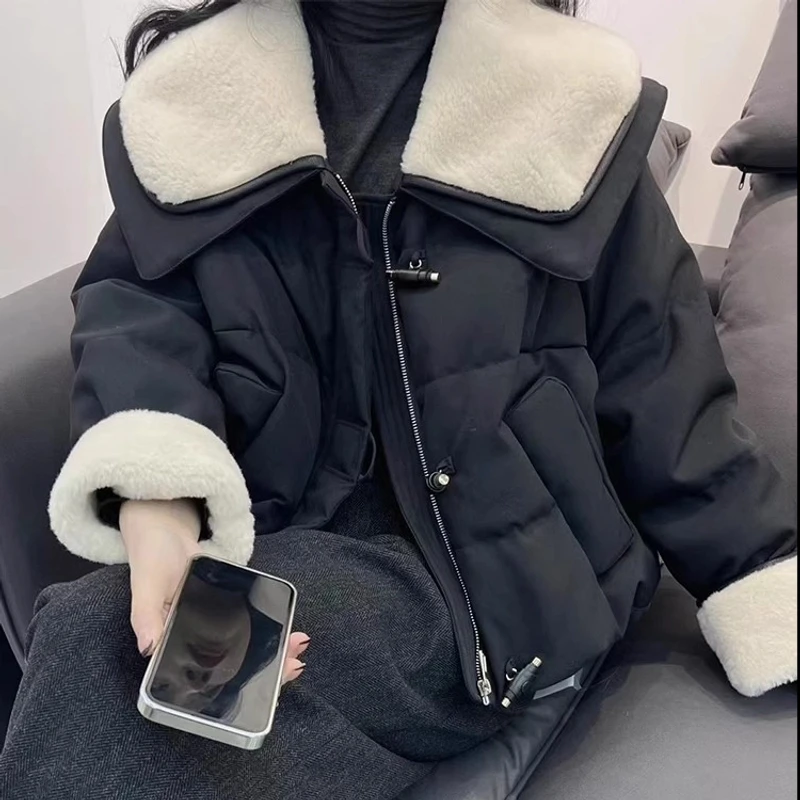 洋气皮毛一体大翻领棉服女2024冬季韩版加厚保暖短款加绒加厚外套