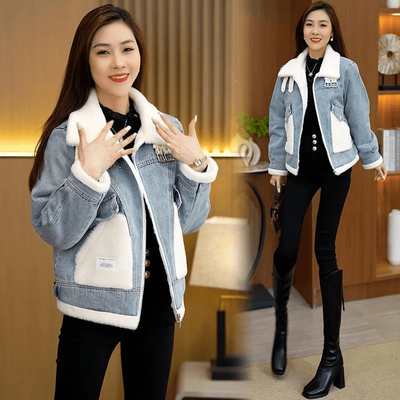 加绒加厚牛仔外套女2024秋冬新款洋气宽松休闲小个子短款拼接棉服
