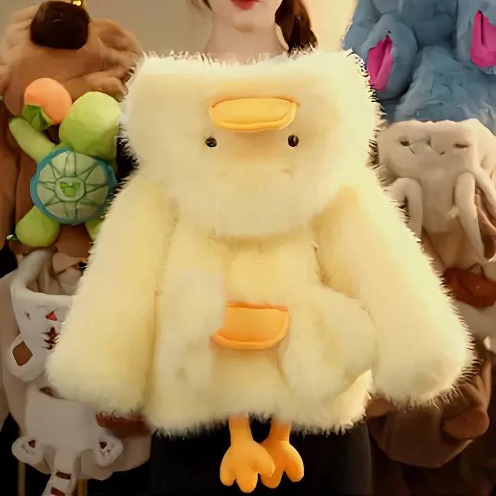 男女童冬季新款毛茸茸萌宝可爱小鸭子亲子冬天仿貂毛兔毛加厚外套