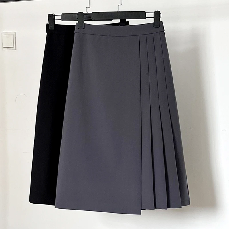 百褶高腰半身裙女春秋气质大码中长款设计感小众A字裙小个子23198