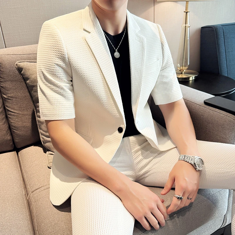 春夏款纯色休闲男士时尚华夫格中袖西服九分西裤套装薄款修身韩版