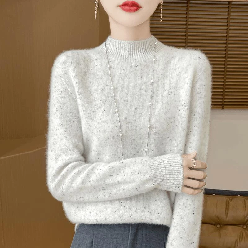2024秋冬新款半高领100%羊毛点子纱针织女士上衣修身百搭毛衣宽松
