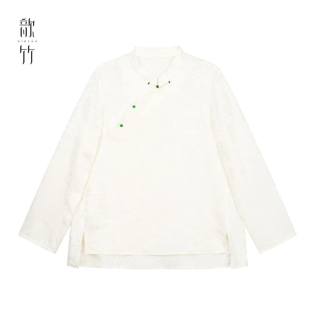 【望舒】22302-2 桑蚕丝国风打底新中式提花休闲百搭 米白色上衣