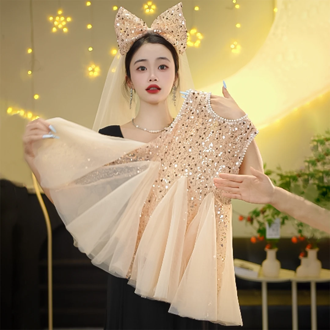 【MUN香槟公主】2025女童新款人鱼亮片裙蝴蝶结头纱中式旗袍