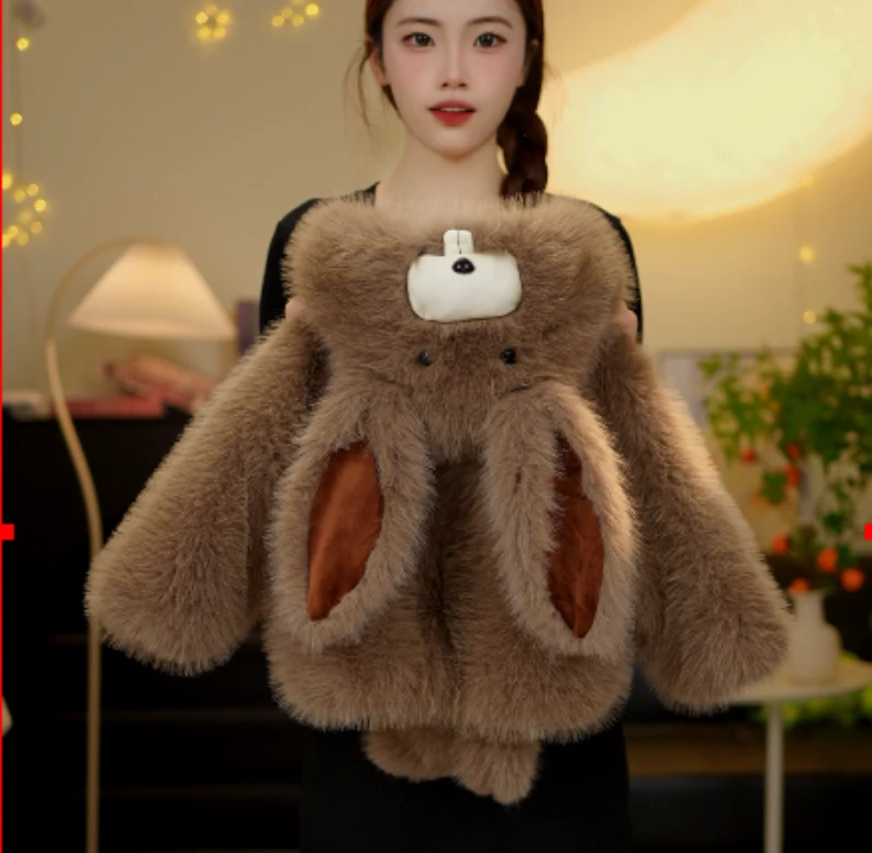 MUN冬季新款毛茸茸萌宝潦草龅牙兔草草冬季保暖短款加厚外套