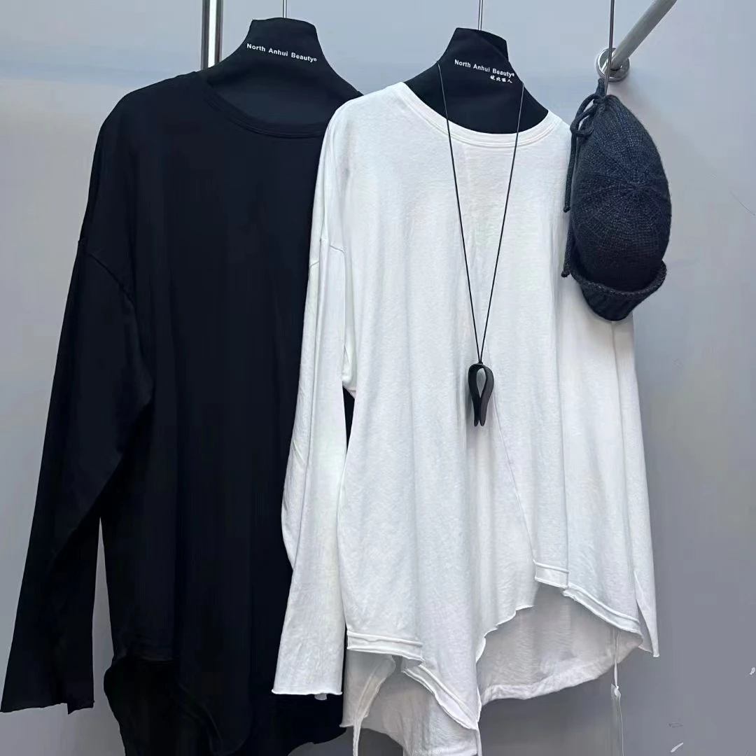 【若汐女装】欧韩宽松休闲百搭纯色不规则设计款精品棉打底T恤9565