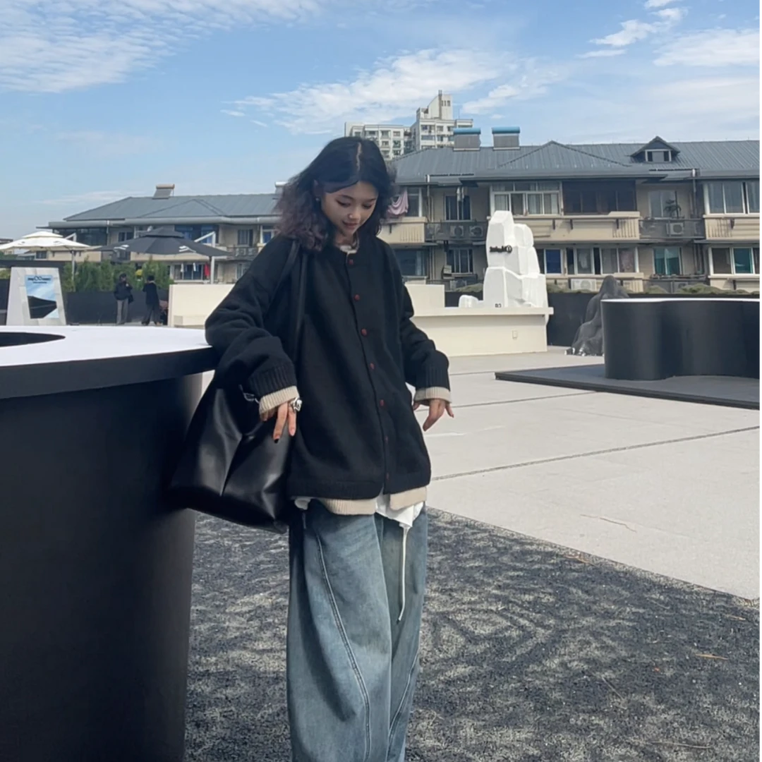 【若汐女装】宽松休闲百搭加厚慵懒风假两件设计感高克重毛衣8566