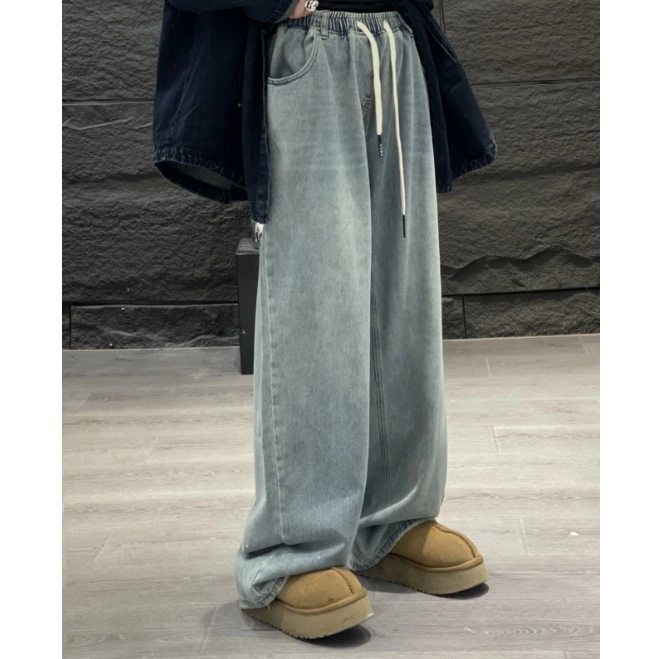 【若汐女装】欧韩风宽松显瘦款软牛仔松紧腰香蕉型直筒拖地裤72106