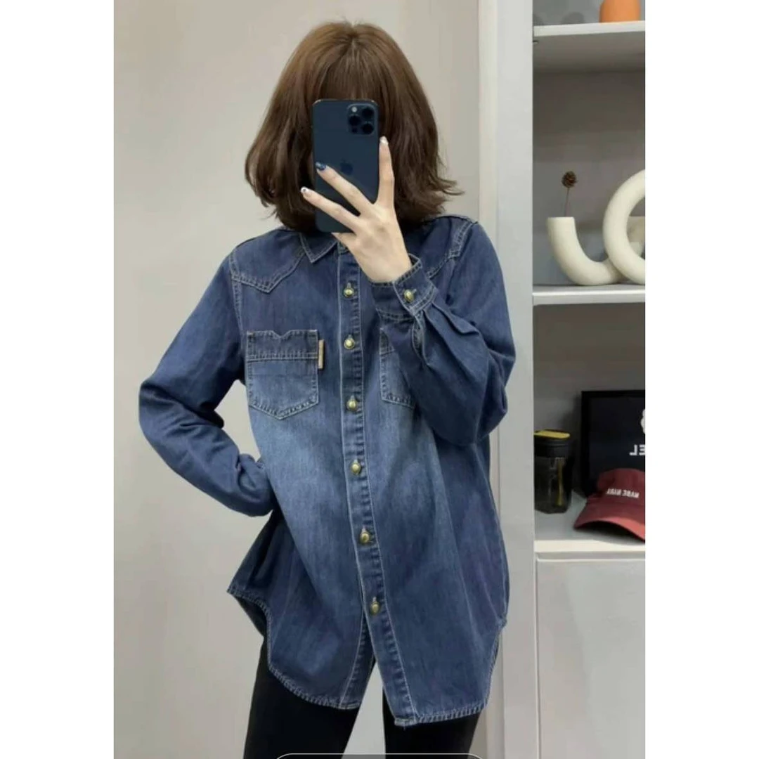 牛仔衬衫女春秋冬新款韩版设计感宽松蓝色百搭休闲打底衫衬衣外套