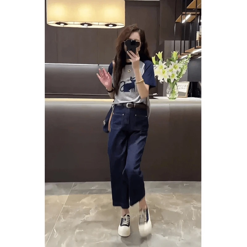 2024年夏季新款时尚拼接短袖针织机灵猫撞色上衣+直筒裤牛仔裤