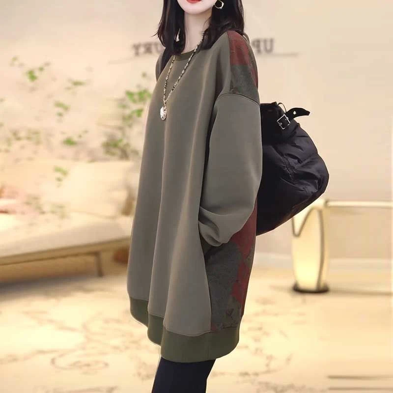 欧货韩版加厚中长款卫衣女秋冬季新款内搭宽松显瘦洋气质拼接上衣