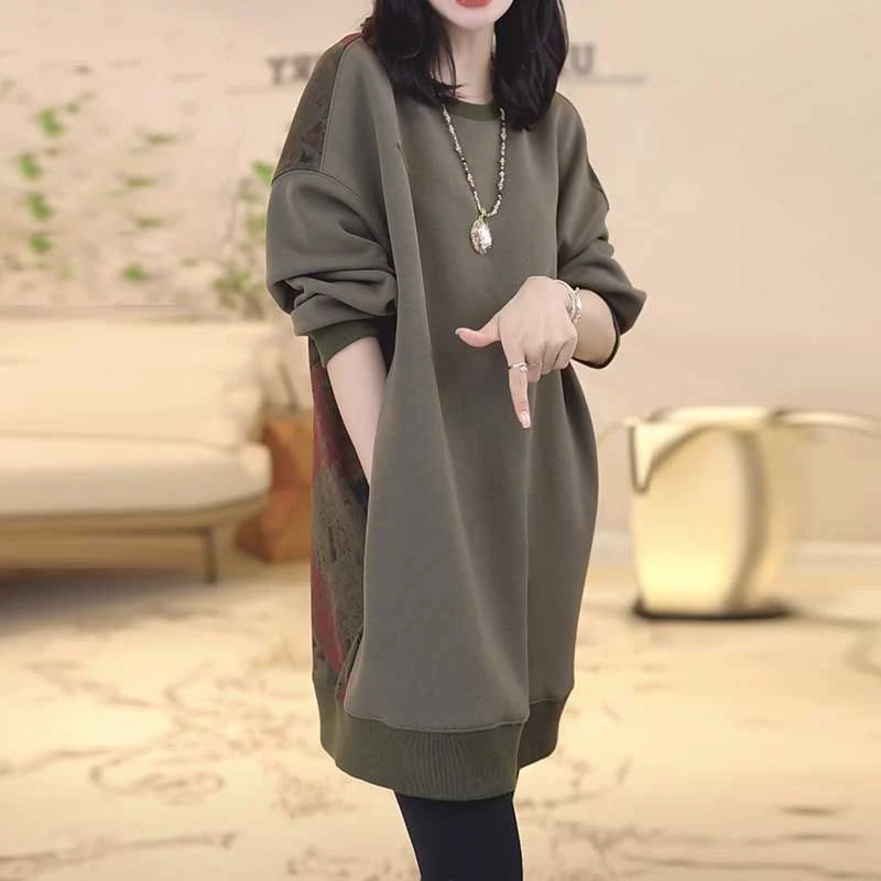 复古休闲时尚轻奢百搭拼色加厚卫衣女秋冬宽松中长款圆领长袖上衣