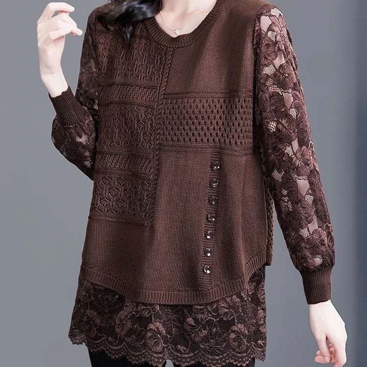 《专柜同款》时尚蕾丝百搭假两件长袖打底2025秋季棉线拼接针织衫