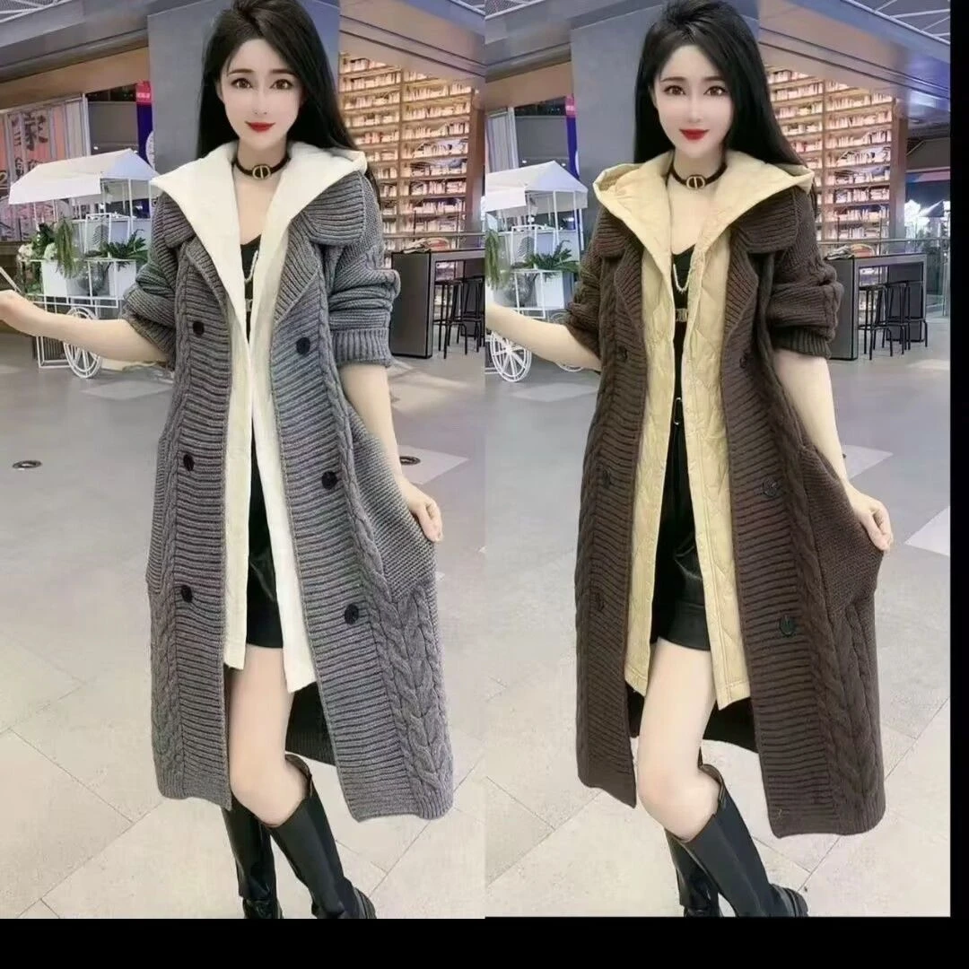 爆款时尚假两件连帽风衣外套秋冬款休闲百搭中长款保暖棉服毛衣女