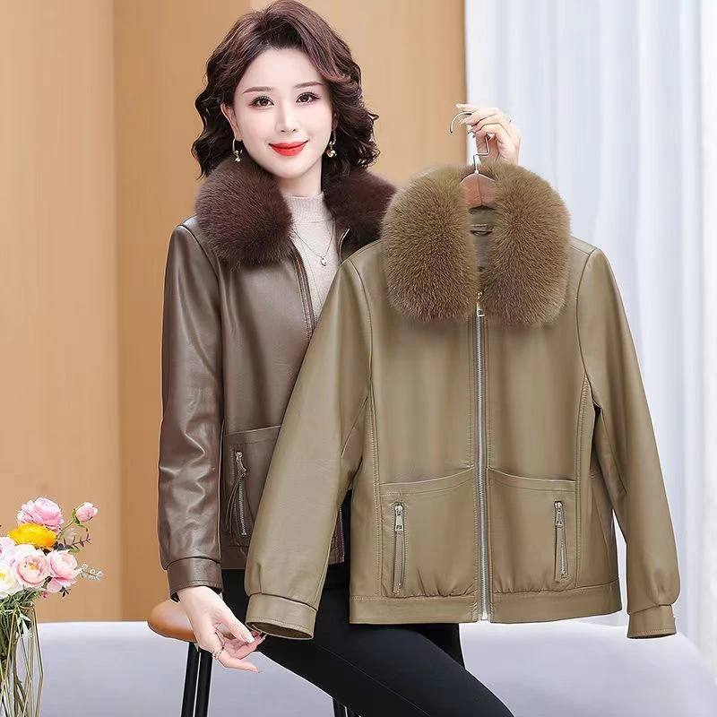 海宁皮衣女2025爆款秋冬加绒加厚皮衣短款宽松时尚皮夹克保暖外套