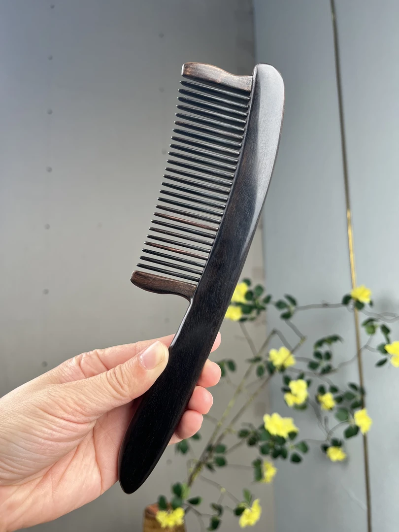 沉贵宝黑檀木梳 弧度细齿梳子礼盒布袋装