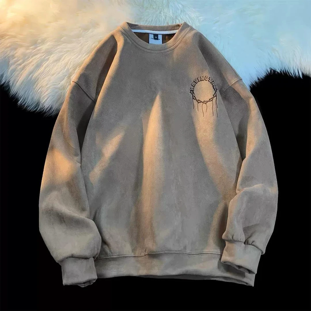 特大码300斤麂皮绒美式复古圆领卫衣男秋季新款潮流宽松上衣外GED