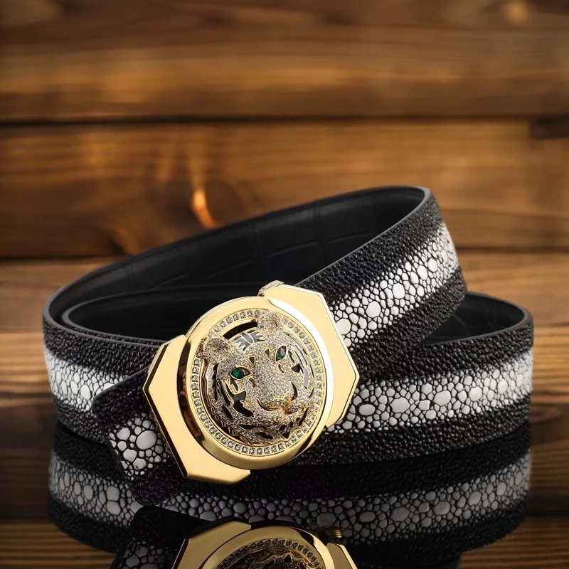 珍珠鱼纹牛皮+鳄鱼纹皮气质男士皮带真皮平滑扣牛皮腰带时尚裤带