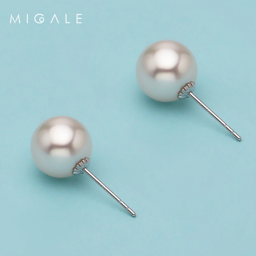 【源头】18K白海水澳白珍珠耳钉8-9mm P1096