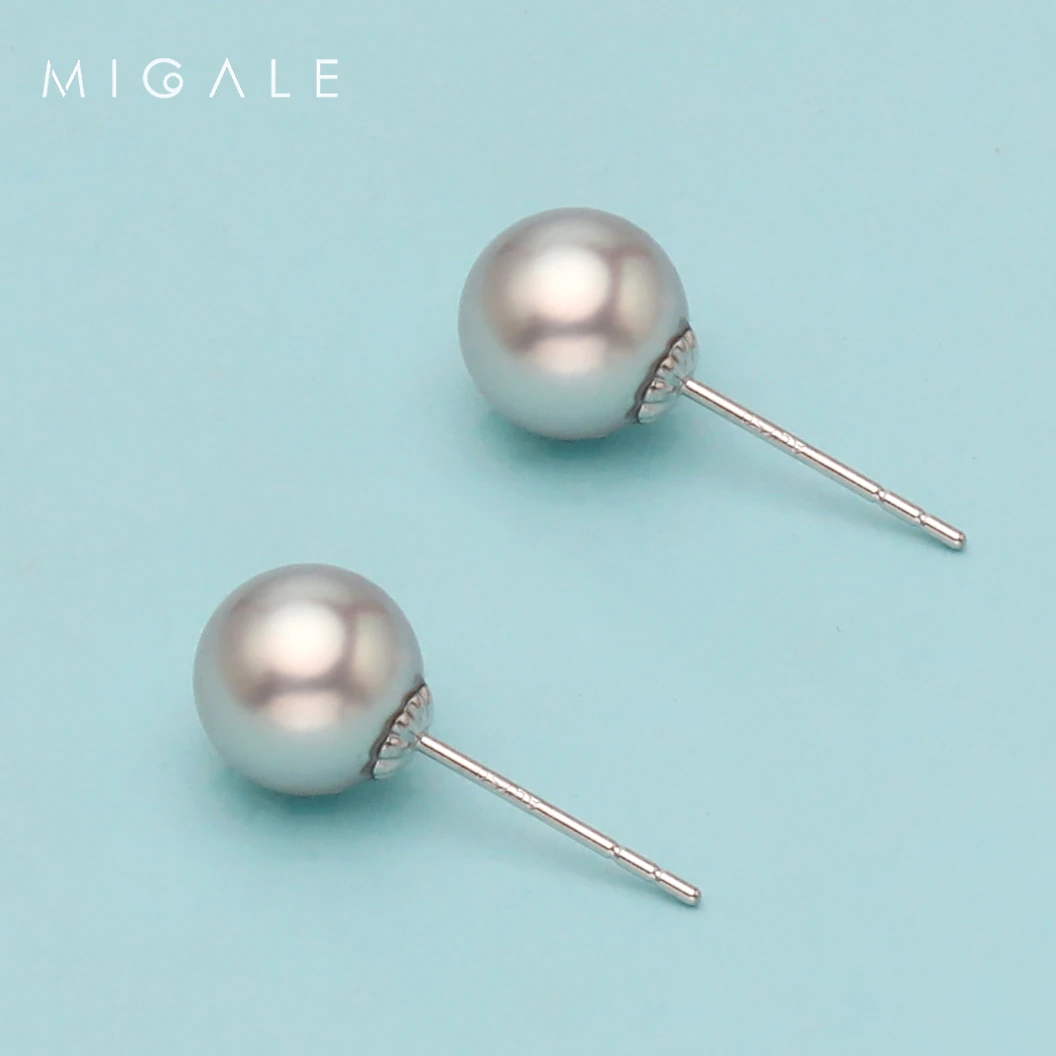 【女神节特价！】18K白经典海水灰珍珠耳钉 6-7mm C1155