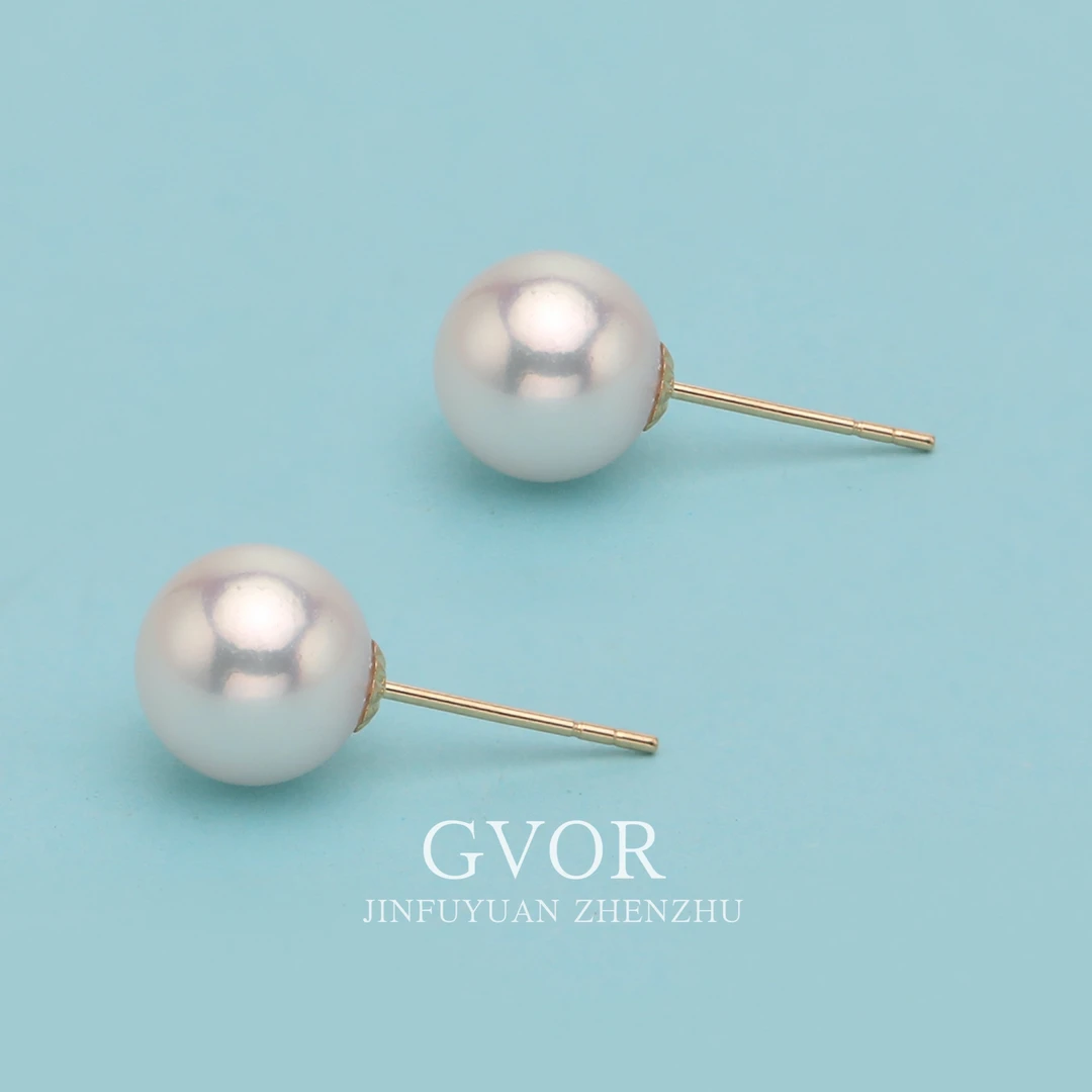 18k金海水akoya珍珠7.5-8mm耳钉C909