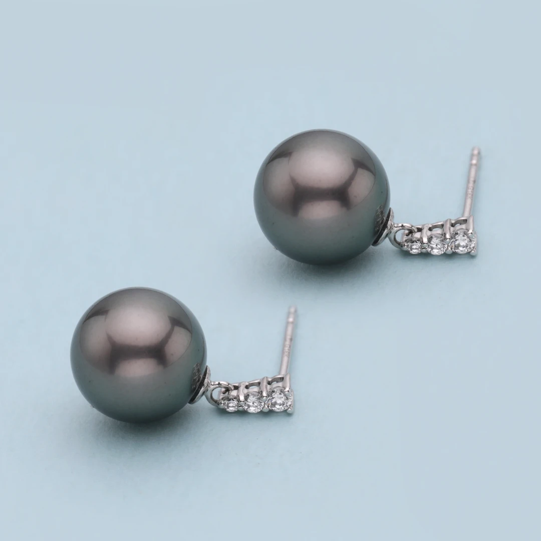 芈伽勒18K白金三王妃海水大溪地黑珍珠耳钉9-10mm C502