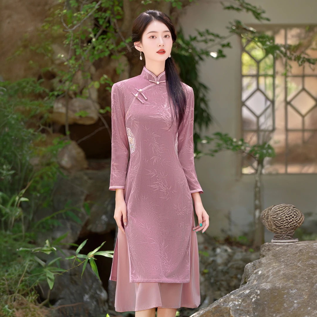 奥黛旗袍2025新款秋冬季长袖改良素雅复古茶服茶艺师服装日常可穿