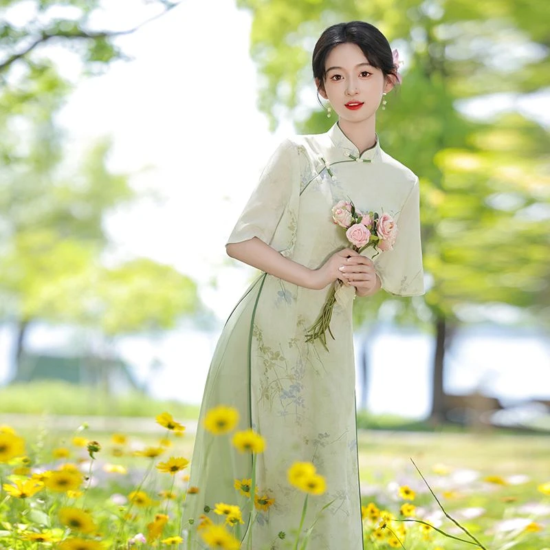 复古民国风改良奥黛旗袍2024年新款气质高级感日常可穿茶艺服