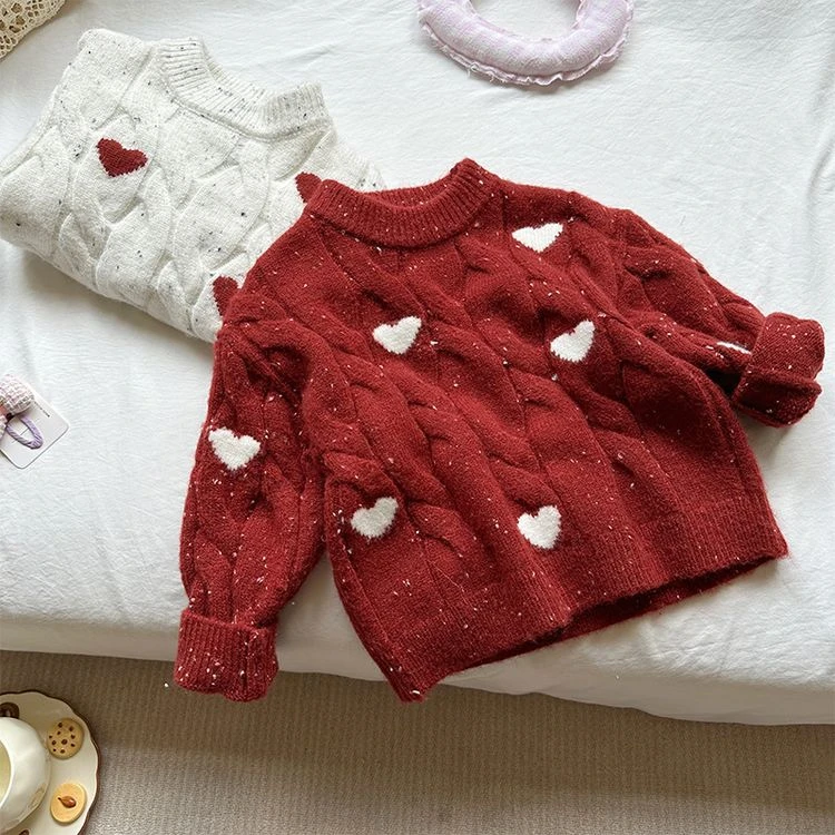 2024秋冬加厚女童毛衣爱心圆领套头时尚韩版长袖休闲百搭女孩毛衣