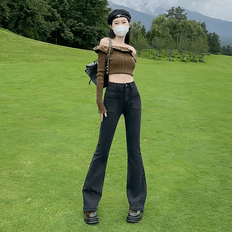 美式复古喇叭牛仔裤女2025春秋新款弹力修身显瘦设计感拖地微喇裤