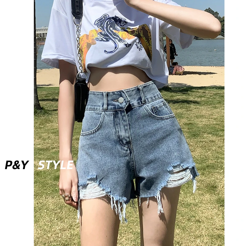 高腰新款2025夏季牛仔短裤显瘦小个子毛边a字破洞牛仔超短热裤女