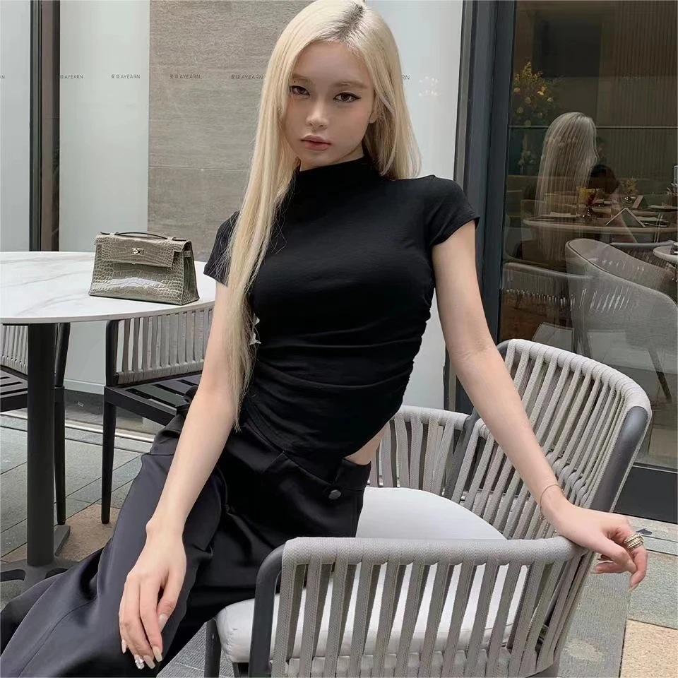 黑色半高领短袖T恤女秋季甜辣妹设计感小众紧身修身2024短款上衣