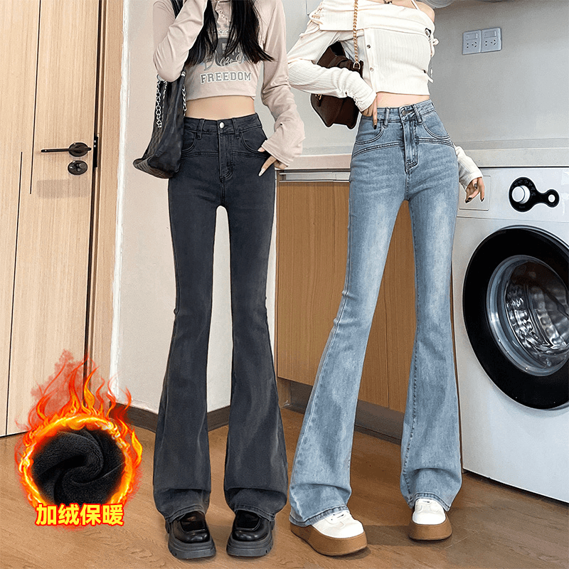 潮流牛仔裤女2023年新款秋冬季弹力显瘦高腰拖地阔腿喇叭裤